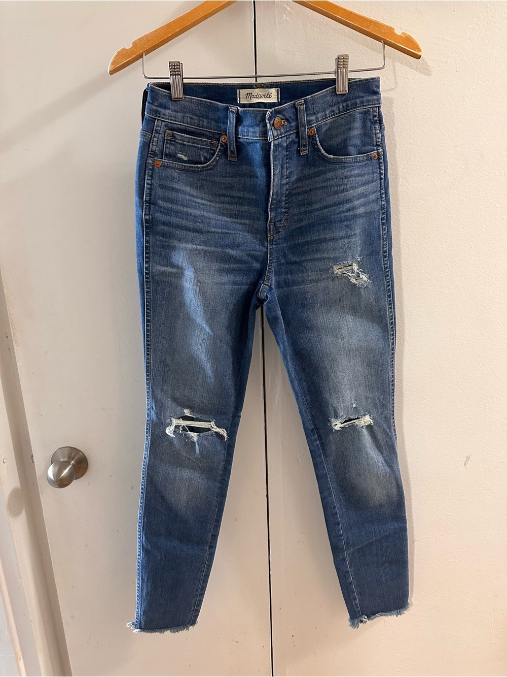 Madewell Washed Blue Ankle Crop Distressed Jeans